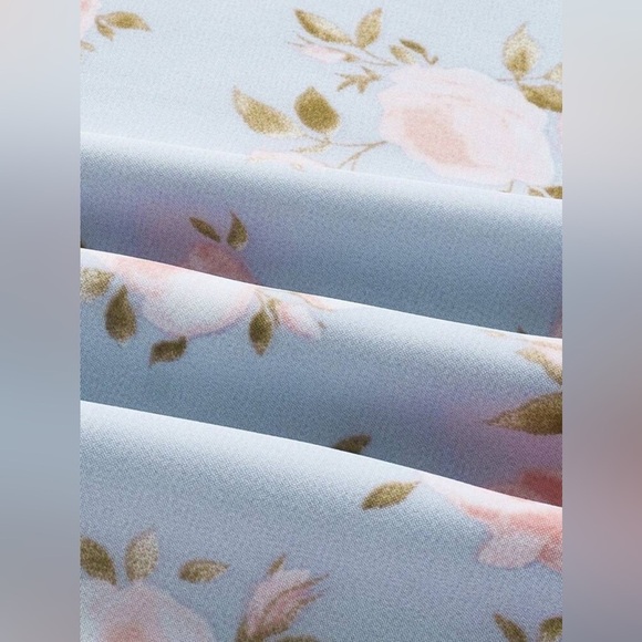 Blue Floral Printed Ruched Bust Cup & Bowknot Decorated Spaghetti Strap Dress - Picture 4 of 4